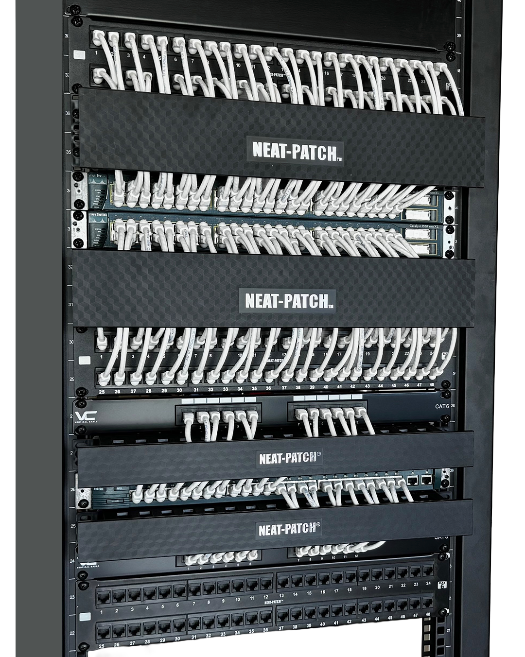 LAN rack using Neat-Patch cable managers and two-foot patch cables